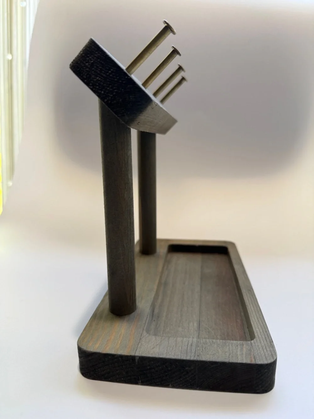Wooden Key Organizer Stand in Dark Brown with Brass Hooks
